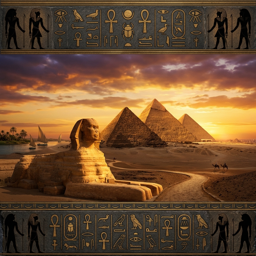Pyramids of Giza at sunset